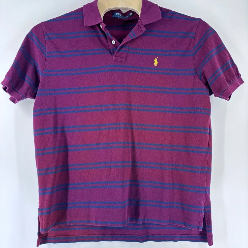 Polo Ralph Lauren Polo Shirt Mens XL Burgundy Navy Blue Striped Pique Pony Logo